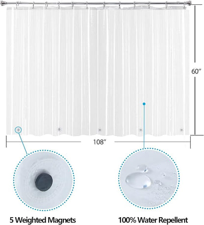 Clear Clawfoot Tub Shower Curtain Liner, ExtraWide and Short 108x60 | Transparent Waterproof Peva Plastic Wrap Around Bathroom Shower Liner for Bathtub with 5 Magnets and S/Steel Hooks