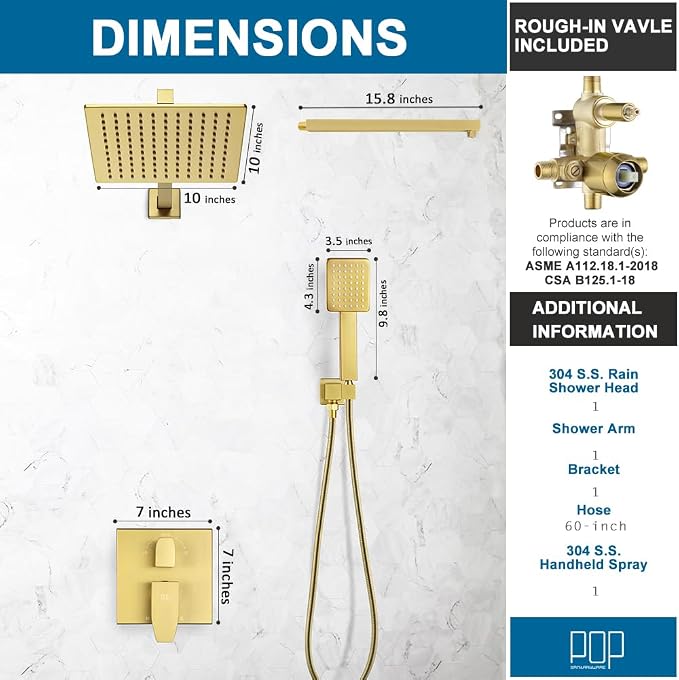 Shower Faucet Set Brushed Gold Rainfall 10 Inch Shower Head and Handle Set Bathroom Rain Shower System Wall Mounted Shower Fixture Shower Valve and Trim Kit