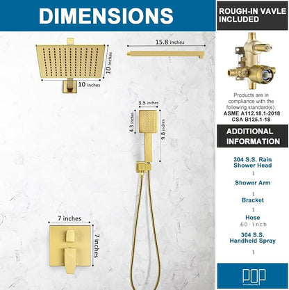 Shower Faucet Set Brushed Gold Rainfall 10 Inch Shower Head and Handle Set Bathroom Rain Shower System Wall Mounted Shower Fixture Shower Valve and Trim Kit