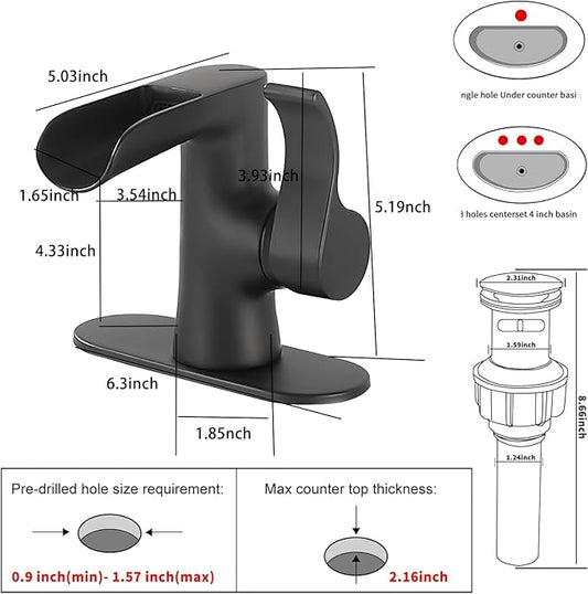 Single Handle Bathroom Faucet Matte Black Waterfall GGStudy Bathroom Vanity Faucet Black Basin Matching Pop Up Drain with Overflow