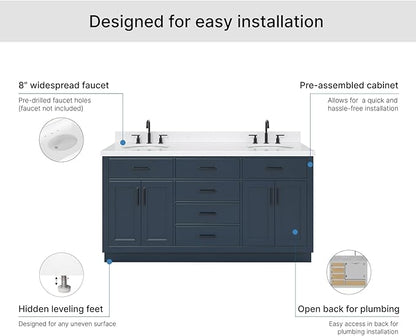 ARIEL Hepburn 66-inch Bathroom Vanity with Sink,Solid Wood, 1.5-inch Carrara White Quartz Countertop, Double Oval Porcelain Sink, 4 Soft Closing Doors, 6 Dovetail Drawers, Midnight Blue