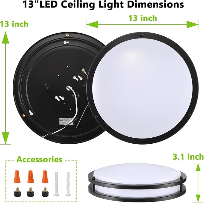 Black Flush Mount LED Ceiling Light Fixture, 13 inch 3000K/4000K/5000K Adjustable Ceiling Lights, Metal Frame Tri-Color Dimmable Lighting for Living Room Bedroom Hallway Bathroom or Kitchen