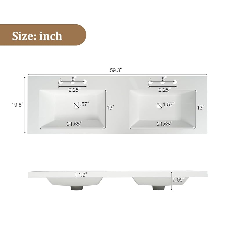 Modern Double Sink Wall-Mounted Bathroom Vanity 60 Inch with SMC Countertop and Divided Drawers, Vintage MDF Cabinet with Storage, Soft Close Doors and Metal Handles for Large Bathrooms, Natural