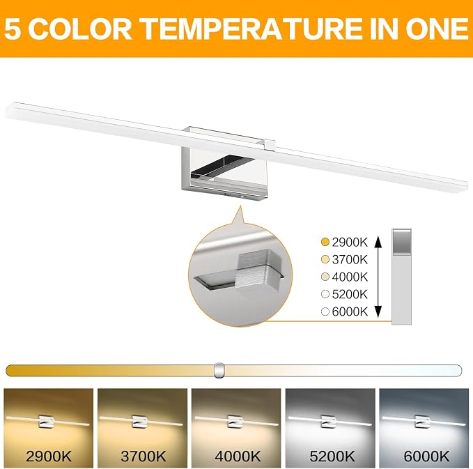 40in Chrome Bathroom Vanity Light Modern LED Bathroom Light Fixtures 5CCT Dimmable 28W Vanity Light Bar for Bath