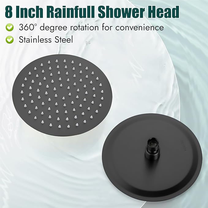 Heyalan 8-Inch Round Rain Shower Faucet Set with Valve, Matte Black | SUS304 stainless steel shower head, brass rough-in valve, single-handle control, 1.8 GPM, ideal for bathroom remodels