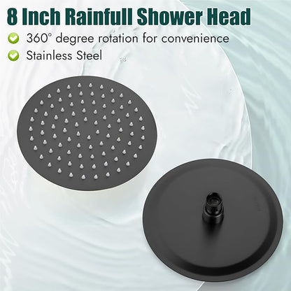 Heyalan 8-Inch Round Rain Shower Faucet Set with Valve, Matte Black | SUS304 stainless steel shower head, brass rough-in valve, single-handle control, 1.8 GPM, ideal for bathroom remodels