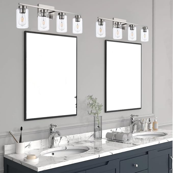 4 Light Bathroom Vanity Light Fixtures, Brush Nickel Modern Wall Lights with Clear Glass Shade, Vintage Wall Sconce Lighting for Living Room, Mirror, Bedroom, Hallway (Nickel, 4-Lights)