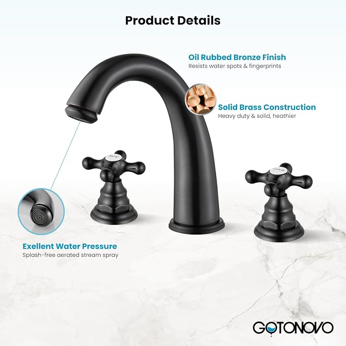 gotonovo Widespread Bathroom Sink Faucet 3 Hole Oil Rubbed Bronze,H&C Label | Vintage 8’’ Bathroom Faucet,2 Cross Handle,6-16’’ Sink,Vanity,RV,Farmhouse,SUS304,24’’ cUPC Hose,Pop Up Drain,Deck Mount