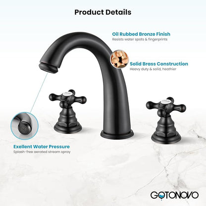 gotonovo Widespread Bathroom Sink Faucet 3 Hole Oil Rubbed Bronze,H&C Label | Vintage 8’’ Bathroom Faucet,2 Cross Handle,6-16’’ Sink,Vanity,RV,Farmhouse,SUS304,24’’ cUPC Hose,Pop Up Drain,Deck Mount