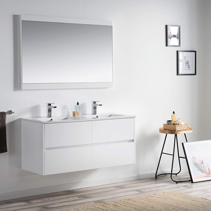 Blossom 48 Inch Double Bathroom Vanity Cabinet with Ceramic Sink, Wall Mounted Floating Vanity Cabinet, All Wood Bathroom Storage Organizer, Soft-Closing U-Shaped Cutout Drawers, Glossy White