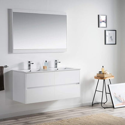 Blossom 48 Inch Double Bathroom Vanity Cabinet with Ceramic Sink, Wall Mounted Floating Vanity Cabinet, All Wood Bathroom Storage Organizer, Soft-Closing U-Shaped Cutout Drawers, Glossy White