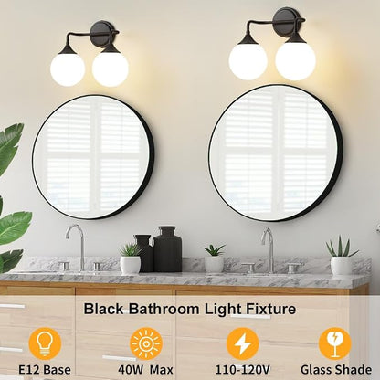 Black Bathroom Light Fixtures Over Mirror Vanity 2-Light | Mid Century Modern Matte Black Wall Sconce with Milky White Glass Ball Shades for for Bathroom Dressing Table Bedroom