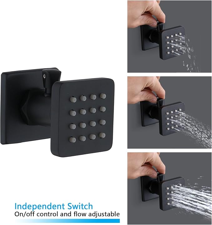 Matte Black Shower System 16 Inches Ceiling Mount Full Body Shower Faucet Set Brass Thermostatic Massage Shower with On/Off Body Jets and Handheld Can Run All At Once