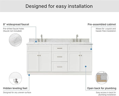 ARIEL Hamlet 72-inch Bathroom Vanity with Sink,Solid Wood, 0.75-inch Italian Carrara Marble Countertop & Backsplash, Double Oval Sink, 4 Soft Closing Doors, 3 Dovetail Drawers, White