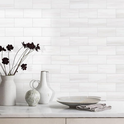 Vamos Tile 4-Piece Glossy Dolomite White Peel and Stick Backsplash Tile | 3''x6'' PVC Subway Tile with White Grout, Stick on Backsplash for Kitchen/Bathroom/Fireplace/Laundry/Camper