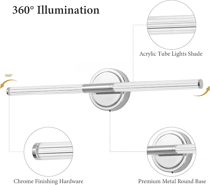 URSOLA 24" Modern LED Bathroom Light Fixtures, Chrome 3CCT Dimmable Bathroom Vanity Light Over Mirror, Bathroom Vanity Bath Bar Lights with 360° Removable Acrylic Light Tube
