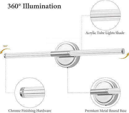 URSOLA 24" Modern LED Bathroom Light Fixtures, Chrome 3CCT Dimmable Bathroom Vanity Light Over Mirror, Bathroom Vanity Bath Bar Lights with 360° Removable Acrylic Light Tube