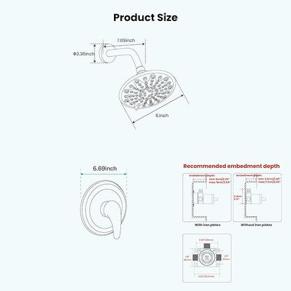 gotonovo Shower Faucet Set with Valve 6 Mode Rain Head Polished Chrome | Bathroom Shower Head and Handle Set Complete Combo,6 Mode Multi 6’’ ABS Rainfall Showerhead,Brass Valve Trim Kit,Wall Mount