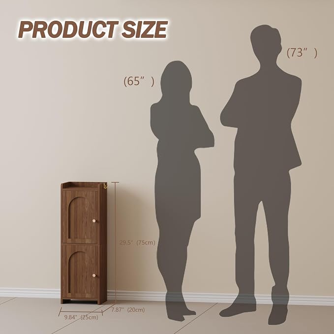 Arbuxzuy Small Bathroom Storage Cabinet with 2 Doors and Adjustable Shelf | Brown Corner Floor Cabinet, Narrow Toilet Paper Cabinets with 2Hooks,Toilet Organizer for Small Spaces, 7.87"D*9.84"W*29.72"H