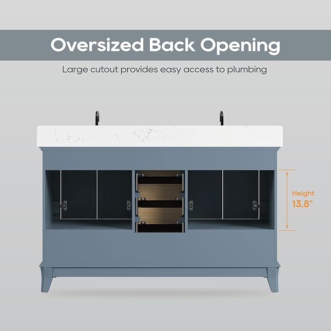 60 Inch Bathroom Vanity with Double Sink, Solid Wooden Frame Bathroom Sink Cabinet Vanity with Adjustable Feet, Bathroom Storage Cabinet with Soft Closing Doors-Steel Blue