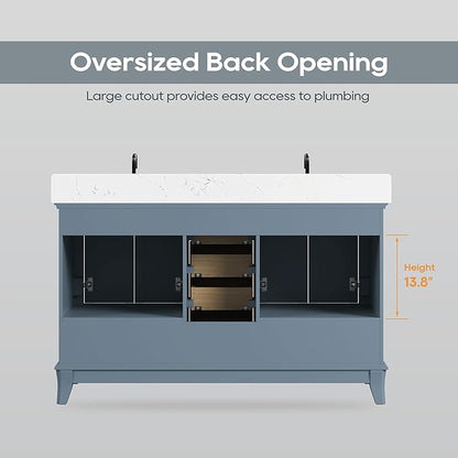 60 Inch Bathroom Vanity with Double Sink, Solid Wooden Frame Bathroom Sink Cabinet Vanity with Adjustable Feet, Bathroom Storage Cabinet with Soft Closing Doors-Steel Blue