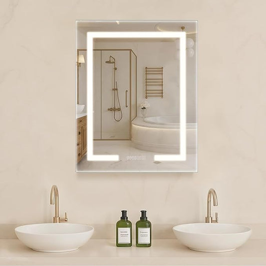 VEVOR Lighted Medicine Cabinet with Mirror, 24 x 30 in Recessed or Wall Mount, 3 Color Dimmable LED Bathroom Medicine Cabinet with HD Mirror, Clock, Adjustable Shelve Storage, Memory Defog Function