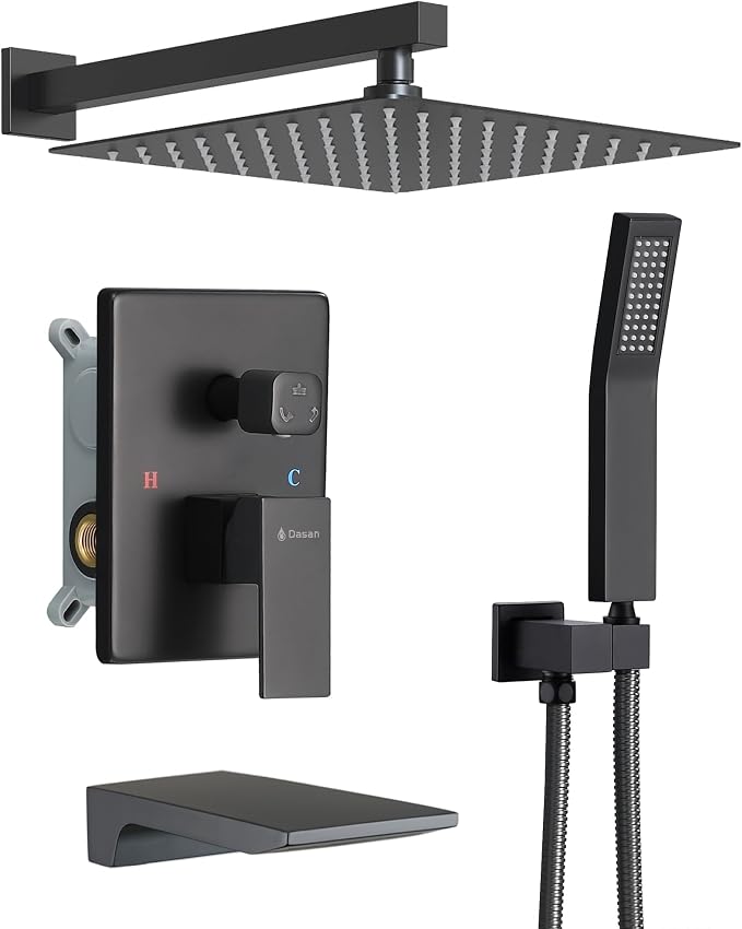 DASAN Tub Shower Faucets Sets Complete Matte Black Bathtub Shower System with Waterfall Tub Spout, Bathtub Faucet Set Tub and Shower Faucet Combo Trim Kit with Valve, DA-SS04MB-S10W