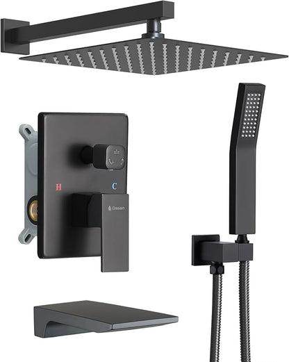 DASAN Tub Shower Faucets Sets Complete Matte Black Bathtub Shower System with Waterfall Tub Spout, Bathtub Faucet Set Tub and Shower Faucet Combo Trim Kit with Valve, DA-SS04MB-S10W