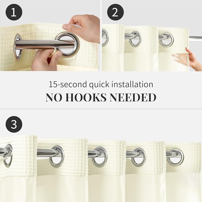 River Dream Cotton Blend Fabric Shower Curtain Set with Liner, Cream, 54x80 | Waffle Weave, No Hook Needed, with Snap in Replacement Liner, Top Sheer Window, Hotel Quality Fabric for Bathroom
