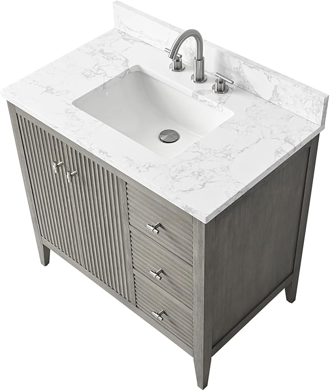 HOMEBEYOND 36" Bathroom Vanity with Sink, Solid Wood Bathroom Vanity Free-Standing Cabinet, Drawers, Ceramic Top & Soft Closing Door, Golden Brushed Handware, Driftwood Gray