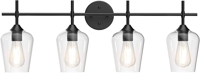Ralbay Vintage Bathroom Vanity Lighting Fixtures 4-Lights Industrial Matte Black Finish with Clear Glass Vanity Lights Farmhouse Bathroom Vanity Lights Wall Sconce