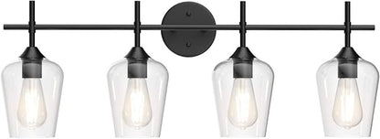 Ralbay Vintage Bathroom Vanity Lighting Fixtures 4-Lights Industrial Matte Black Finish with Clear Glass Vanity Lights Farmhouse Bathroom Vanity Lights Wall Sconce