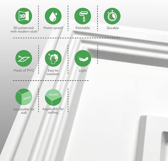 STICKGOO PVC Ceiling Tiles, 2'x2' Glue Up Ceiling Panel White to Prevent Breakage Cover 48 Sq. Ft, Pack of 12 Tiles