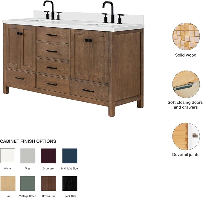 Beckford 66-Inch Brown Oak Double Bathroom Vanity with Sink, 1.5-Inch Edge Pure White Quartz Countertop & 4" Backsplash, Soft-Closing Doors & Drawers, Solid Oak Wood Construction