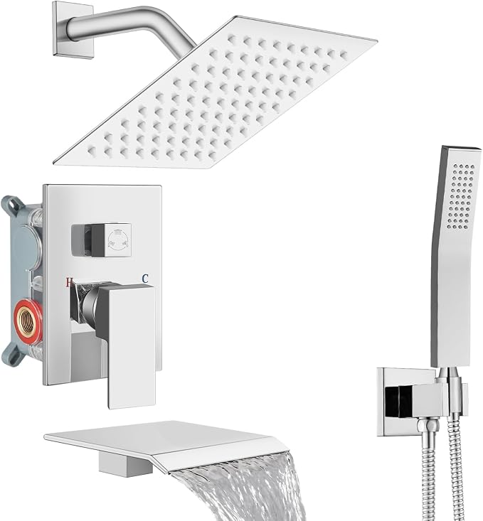Midanya Shower System with Tub Spout,8 Inch Shower Head,Polish Chrome | with Valve & Trim Kit,Square Rain Head,Handheld Sprayer,Waterfall Spout,All Metal Wall Mount Bathroom Shower Tub Faucet Set