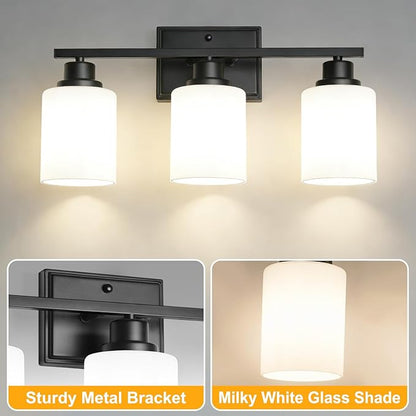 Unicozin 3-Light Bathroom Light Fixtures, Modern Black Vanity Light Over Mirror, Wall Sconces with Milky White Glass Shades for Living Room Bedroom Hallway E26 Base