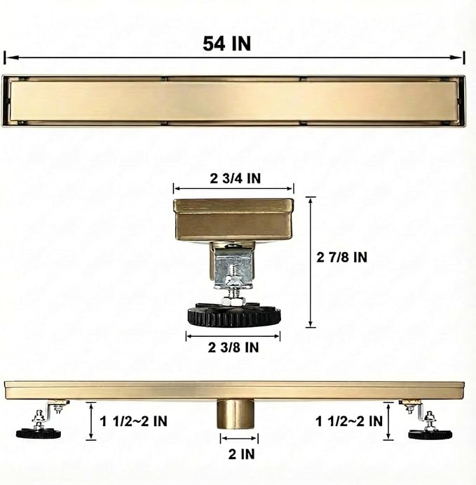 Linear Shower Floor Drain, Brushed Gold 54 Inch 304 Stainless Steel Bathroom Drains Kit, Rectangular Shower Trench Drain with Reversable Tile-in Pattern Drain Cover & Hair Catcher
