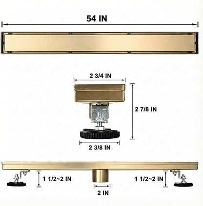 Linear Shower Floor Drain, Brushed Gold 54 Inch 304 Stainless Steel Bathroom Drains Kit, Rectangular Shower Trench Drain with Reversable Tile-in Pattern Drain Cover & Hair Catcher