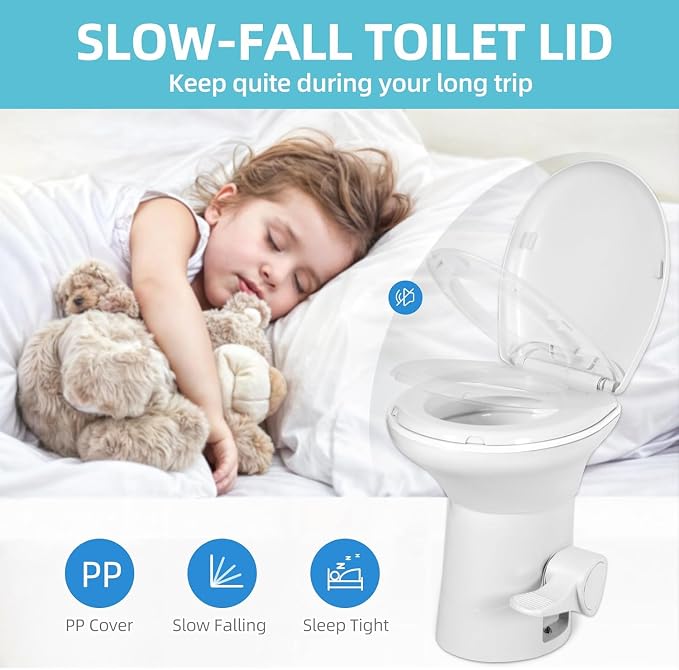 YITAMOTOR RV Toilet with Enamel Bowl, Plastic Toilet Body, Pedal Flush, Gravity Flush Toilet High Profile with Hand Sprayer and Flange for Motorhome Caravan Car Travel,White-Porcelain w Sprayer | Plastic Toilet Body, Pedal Flush, Gravity Flush Toilet H...
