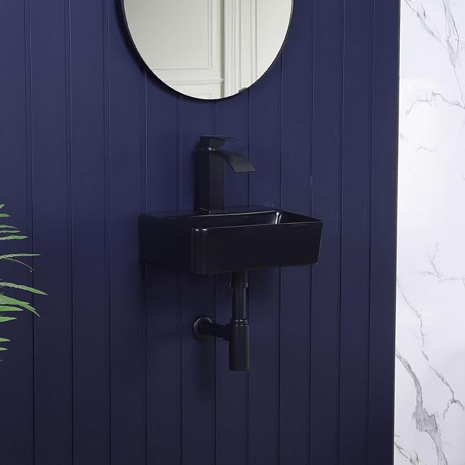 Small Wall Mount Bathroom Vessel Sink Matte Black 14"x10" Rectangular Floating Porcelain Ceramic Black Wall Hung Vanity Basin Sink for Tiny Home,RV,Bathroom