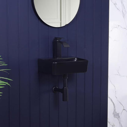 Small Wall Mount Bathroom Vessel Sink Matte Black 14"x10" Rectangular Floating Porcelain Ceramic Black Wall Hung Vanity Basin Sink for Tiny Home,RV,Bathroom