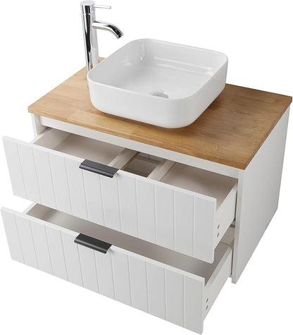 32 inch Bathroom Vanity with Sink and Solid Wood Countertop, Wall Mounted Bathroom Vanity Cabinet with 2 Drawers, Modern Floating Bathoom Vanity Set Include Square Ceramic Basin Sink & Round Mirror