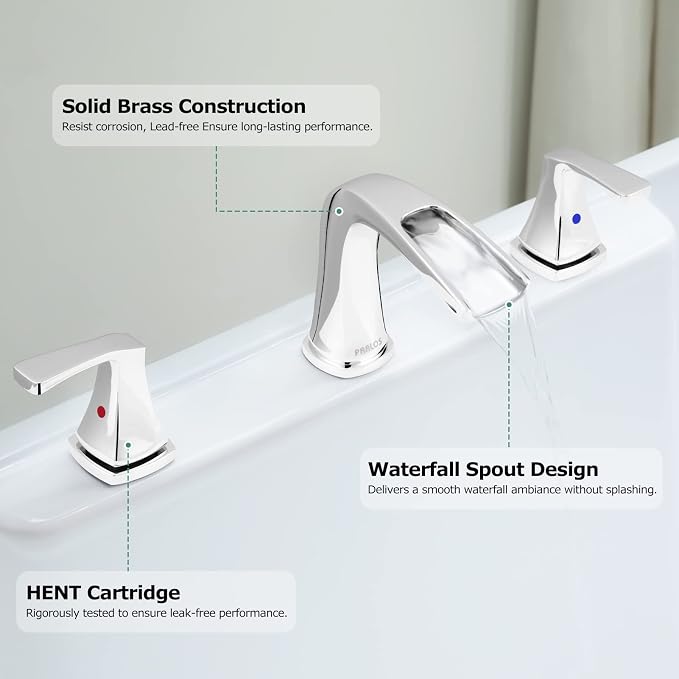 Waterfall 2 Handle Widespread Roman Tub Faucet Chrome | 3 Hole Deck Mount Bathtub Filler with Valve & Supply Lines