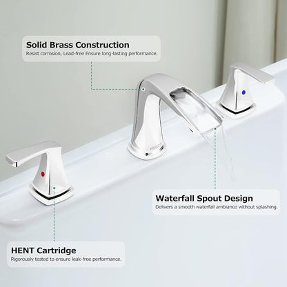 Waterfall 2 Handle Widespread Roman Tub Faucet Chrome | 3 Hole Deck Mount Bathtub Filler with Valve & Supply Lines