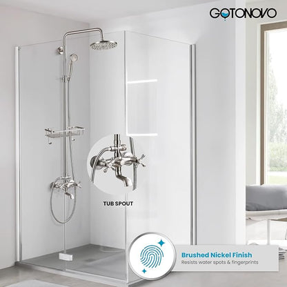 gotonovo Exposed Shower System with Shelf and Tub Spout,Brushed Nickel | Bathroom Shower Faucet Set with Shelf,8’’ Rain Head with Handheld Spray,2 Cross Handle,6’’ Hole Distance,Adjustable Height