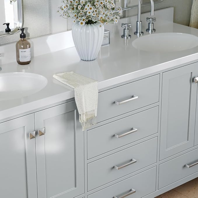 ARIEL Cambridge 72-inch Bathroom Vanity with Sink,Solid Wood, 1.5-inch Pure White Quartz Countertop & Backsplash, Double Oval Porcelain Sink, 4 Soft Closing Doors, 6 Dovetail Drawers, Grey