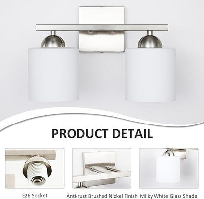 2 Light Brushed Nickel Vanity Lights for Bathroom, Modern Bathroom Light Fixtures Over Mirror, Vanity Light with Milky White Glass Shades, Farmhouse Wall Lights, E26 Socket