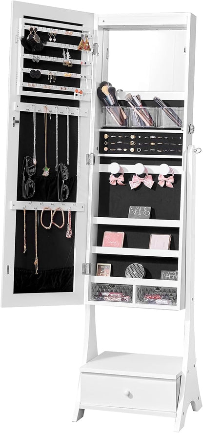 VEVOR Jewelry Cabinet Armoire, 62-Inch Tall Lockable Jewelry Organizer with Full-Length Mirror, LED Light, Velvet Lining, Drawer, Freestanding, White