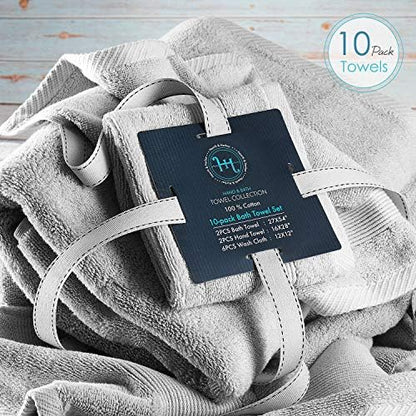Hearth & Harbor Bath Towels for Bathroom - 100% Ring Spun Cotton Luxury Bathroom Towels - Ultra Soft & Highly Absorbent, Bath Towels Set of 10 - Silver Gray