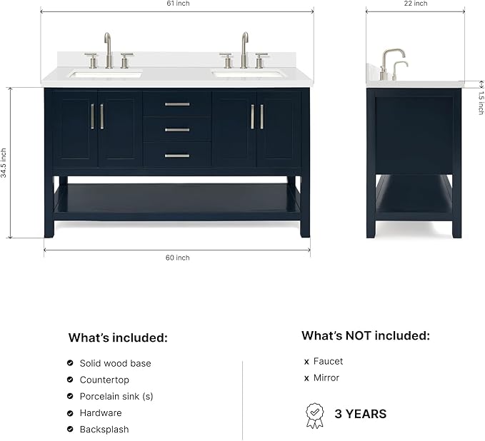 DKB Olivia 60" Midnight Blue Double Bathroom Vanity, 1.5" Pure White Quartz Countertop, Rectangular Undermount Sinks, 4 Soft Closing Doors, 3 Full Extension Dovetail Drawers